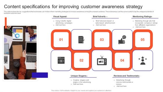 Content Specifications For Improving Customer Awareness Strategy Slides PDF