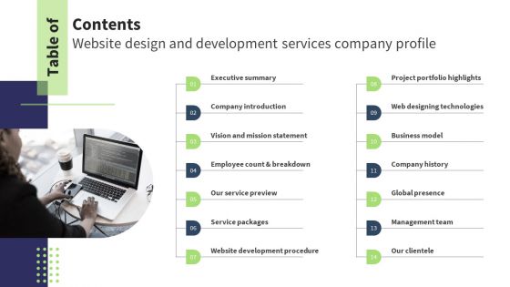 Contents Website Design Development Services Company Profile Table Of Contents Graphics PDF