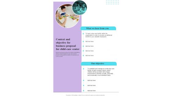 Context And Objective For Business Proposal For Child Care Center One Pager Sample Example Document Context And Objective For Business Proposal For Child Care Center One Pager Sample Example Document
