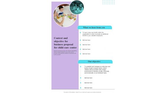 Context And Objective For Business Proposal For Child Care Center One Pager Sample Example Document