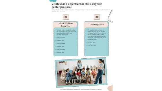 Context And Objective For Child Daycare Center Proposal One Pager Sample Example Document Context And Objective For Child Daycare Center Proposal One Pager Sample Example Document