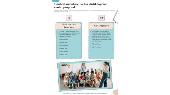 Context And Objective For Child Daycare Center Proposal One Pager Sample Example Document