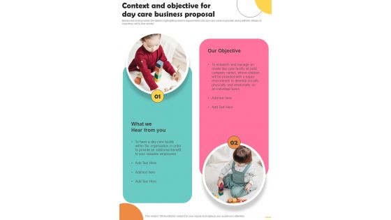 Context And Objective For Day Care Business Proposal One Pager Sample Example Document