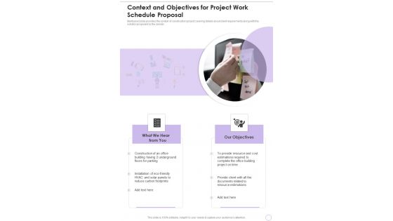 Context And Objectives For Project Work Schedule Proposal One Pager Sample Example Document