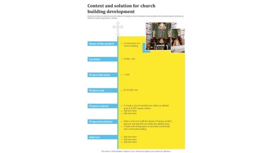 Context And Solution For Church Building Development One Pager Sample Example Document