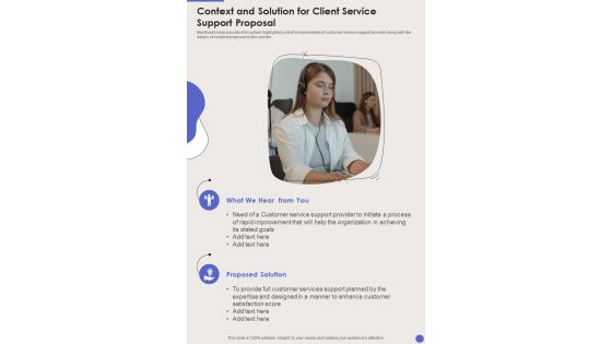 Context And Solution For Client Service Support Proposal One Pager Sample Example Document