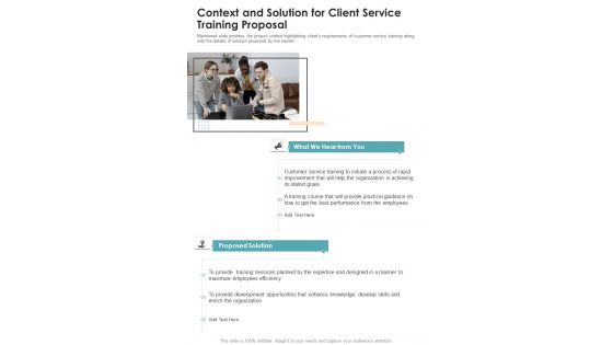 Context And Solution For Client Service Training Proposal One Pager Sample Example Document