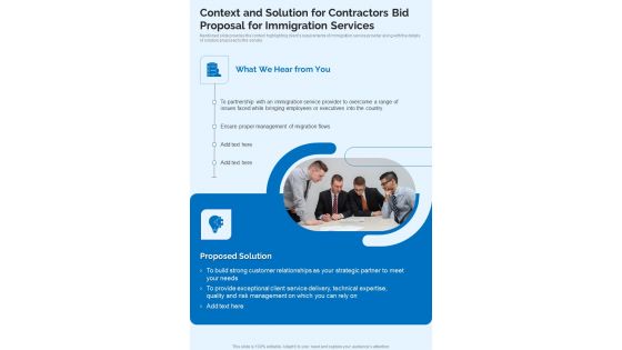 Context And Solution For Contractors Bid Proposal For Immigration Services One Pager Sample Example Document