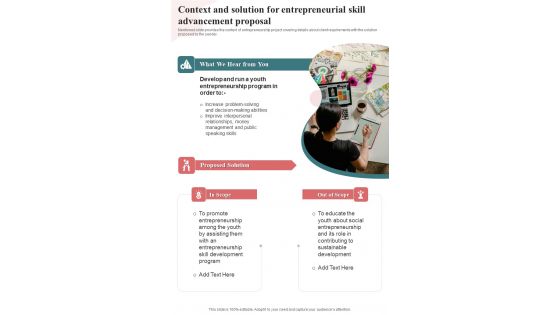 Context And Solution For Entrepreneurial Skill Advancement Proposal One Pager Sample Example Document