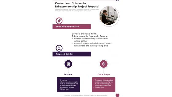Context And Solution For Entrepreneurship Project Proposal One Pager Sample Example Document Context And Solution For Entrepreneurship Project Proposal One Pager Sample Example Document