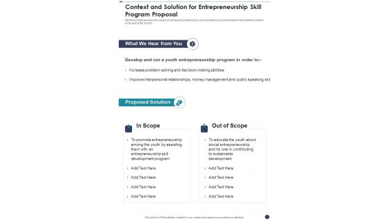 Context And Solution For Entrepreneurship Skill Program Proposal One Pager Sample Example Document