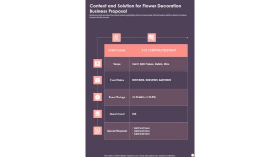 Context And Solution For Flower Decoration Business Proposal One Pager Sample Example Document Context And Solution For Flower Decoration Business Proposal One Pager Sample Example Document