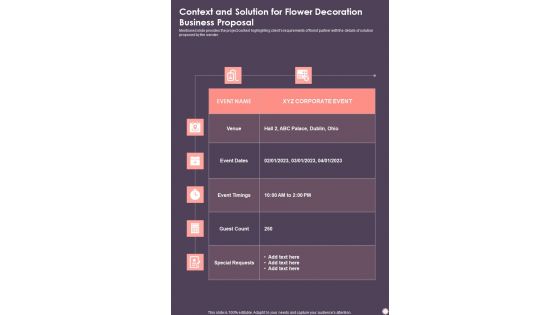 Context And Solution For Flower Decoration Business Proposal One Pager Sample Example Document