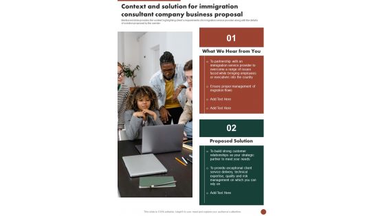 Context And Solution For Immigration Consultant Company Business Proposal One Pager Sample Example Document Context And Solution For Immigration Consultant Company Business Proposal One Pager Sample Example Document