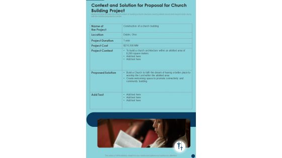 Context And Solution For Proposal For Church Building Project One Pager Sample Example Document