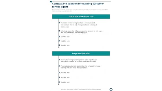 Context And Solution For Training Customer Service Agent One Pager Sample Example Document