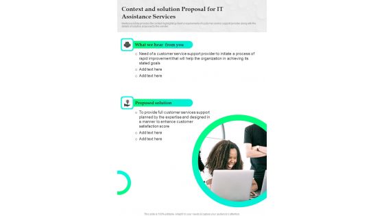 Context And Solution Proposal For IT Assistance Services One Pager Sample Example Document