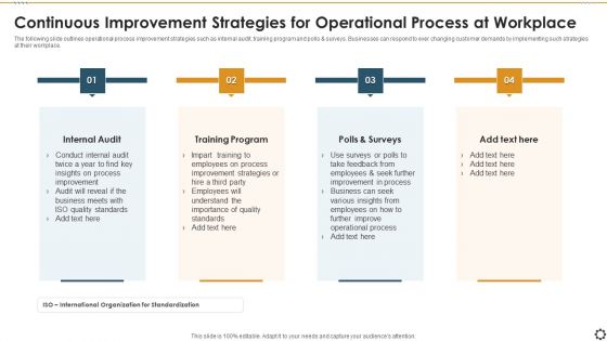 Continuous Improvement Strategies For Operational Process At Workplace Slides PDF