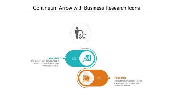 Continuum Arrow With Business Research Icons Ppt PowerPoint Presentation Icon Brochure PDF