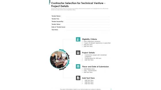 Contractor Selection For Technical Venture Project Details One Pager Sample Example Document