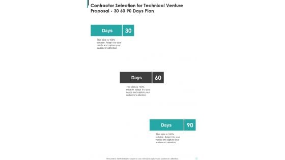 Contractor Selection For Technical Venture Proposal 30 60 90 Days Plan One Pager Sample Example Document Contractor Selection For Technical Venture Proposal 30 60 90 Days Plan One Pager Sample Example Document
