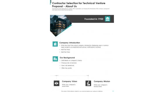 Contractor Selection For Technical Venture Proposal About Us One Pager Sample Example Document Contractor Selection For Technical Venture Proposal About Us One Pager Sample Example Document