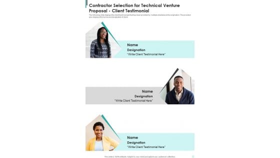 Contractor Selection For Technical Venture Proposal Client Testimonial One Pager Sample Example Document Contractor Selection For Technical Venture Proposal Client Testimonial One Pager Sample Example Document