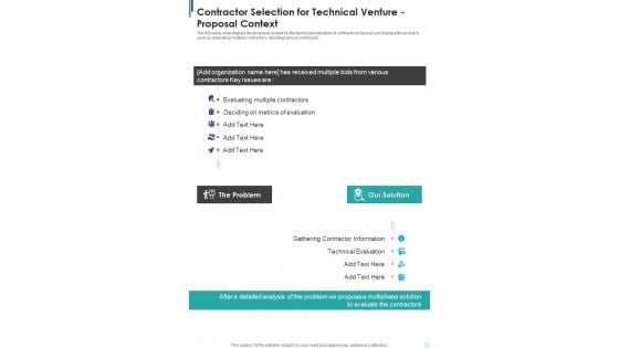 Contractor Selection For Technical Venture Proposal Context One Pager Sample Example Document Contractor Selection For Technical Venture Proposal Context One Pager Sample Example Document