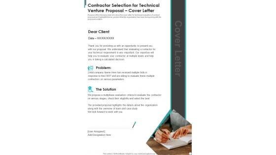 Contractor Selection For Technical Venture Proposal Cover Letter One Pager Sample Example Document Contractor Selection For Technical Venture Proposal Cover Letter One Pager Sample Example Document