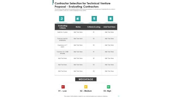 Contractor Selection For Technical Venture Proposal Evaluating Contractors One Pager Sample Example Document