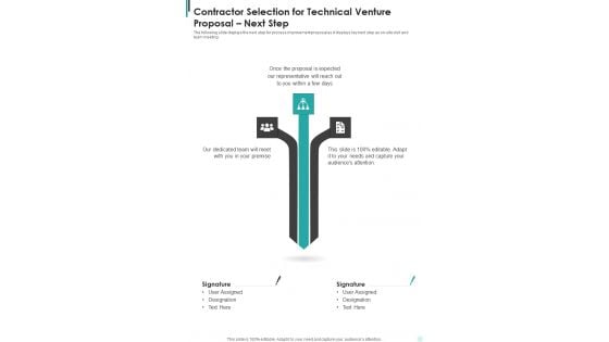 Contractor Selection For Technical Venture Proposal Next Step One Pager Sample Example Document