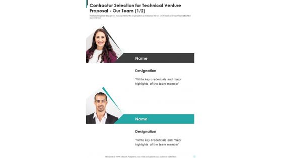 Contractor Selection For Technical Venture Proposal Our Team One Pager Sample Example Document Contractor Selection For Technical Venture Proposal Our Team One Pager Sample Example Document