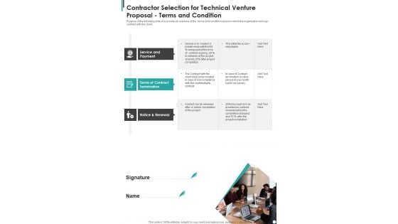 Contractor Selection For Technical Venture Proposal Terms And Condition One Pager Sample Example Document Contractor Selection For Technical Venture Proposal Terms And Condition One Pager Sample Example Document