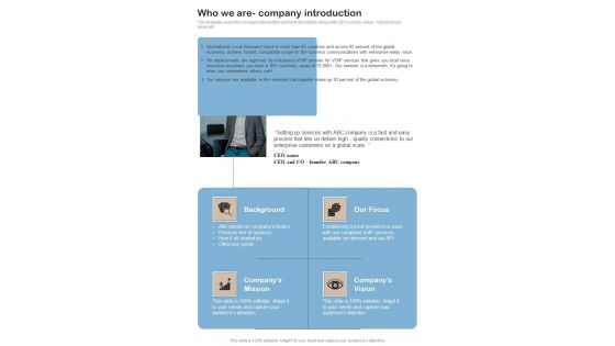 Contractors Bid For Voip Services Who We Are Company Introduction One Pager Sample Example Document Contractors Bid For Voip Services Who We Are Company Introduction One Pager Sample Example Document