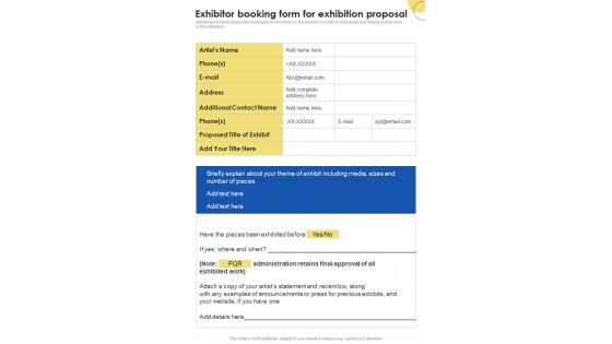Contractors Bid Proposal For Organizing Exhibitions Exhibitor Booking Form For Exhibition Proposal One Pager Sample Example Document Contractors Bid Proposal For Organizing Exhibitions Exhibitor Booking Form For Exhibition Proposal One Pager Sample Example Document