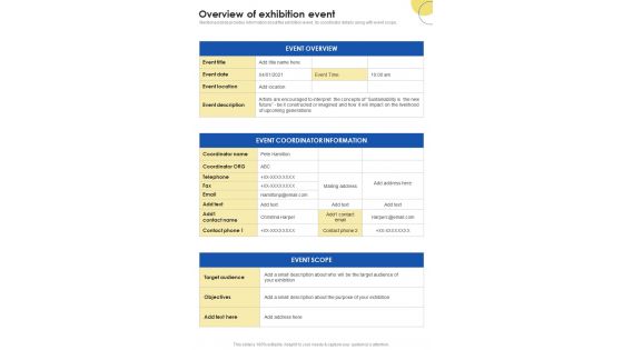 Contractors Bid Proposal For Organizing Exhibitions Overview Of Exhibition Event One Pager Sample Example Document Contractors Bid Proposal For Organizing Exhibitions Overview Of Exhibition Event One Pager Sample Example Document