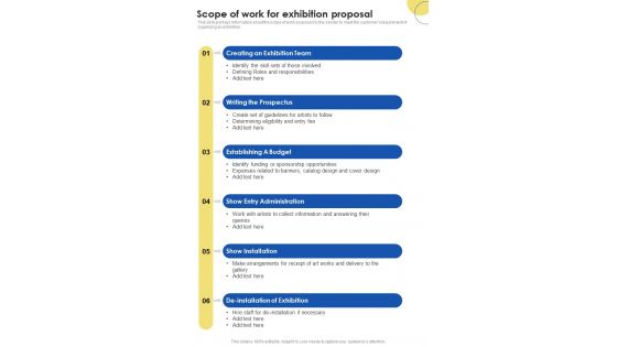 Contractors Bid Proposal For Organizing Exhibitions Scope Of Work For Exhibition Proposal One Pager Sample Example Document Contractors Bid Proposal For Organizing Exhibitions Scope Of Work For Exhibition Proposal One Pager Sample Example Document