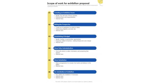 Contractors Bid Proposal For Organizing Exhibitions Scope Of Work For Exhibition Proposal One Pager Sample Example Document