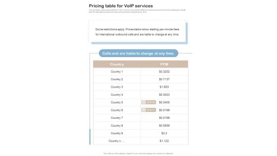 Contractors Bid Proposal For Voip Services Pricing Table For Voip Services One Pager Sample Example Document Contractors Bid Proposal For Voip Services Pricing Table For Voip Services One Pager Sample Example Document