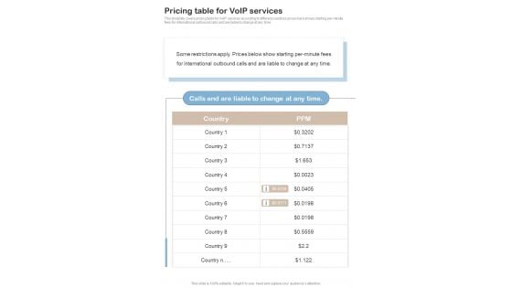 Contractors Bid Proposal For Voip Services Pricing Table For Voip Services One Pager Sample Example Document