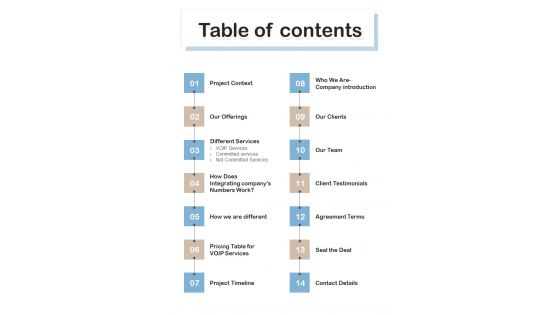 Contractors Bid Proposal For Voip Services Table Of Contents One Pager Sample Example Document