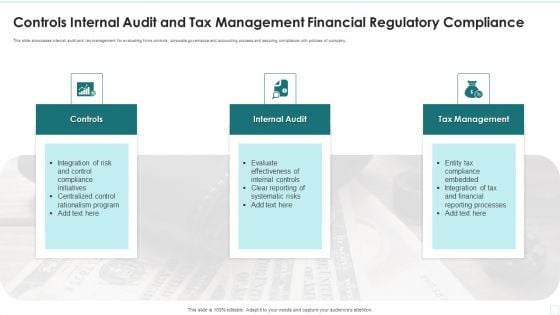 Controls Internal Audit And Tax Management Financial Regulatory Compliance Designs PDF Controls Internal Audit And Tax Management Financial Regulatory Compliance Designs PDF