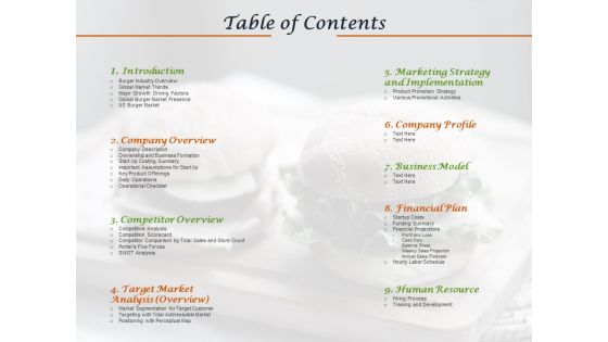 Convenience Food Business Plan Table Of Contents Ppt Gallery Show PDF