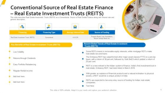 Conventional Source Of Real Estate Finance Real Estate Investment Trusts REITS Slides PDF