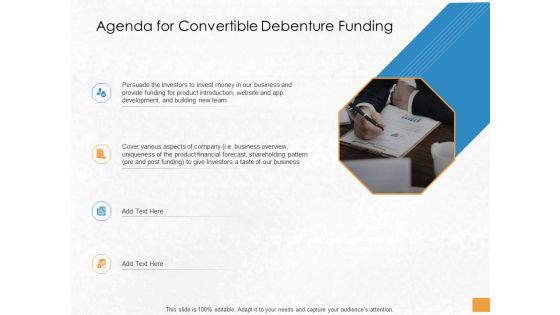 Convertible Debenture Funding Agenda For Convertible Debenture Funding Ppt Portfolio Inspiration PDF