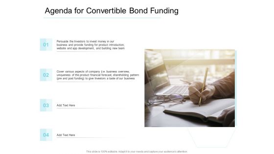 Convertible Market Notes Agenda For Convertible Bond Funding Ppt Pictures Information PDF