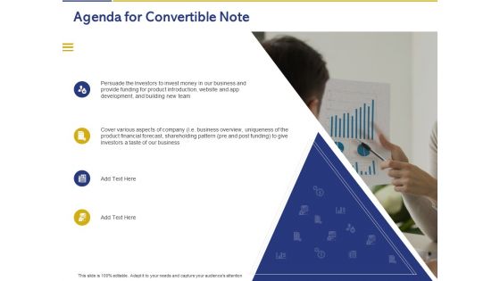 Convertible Note Pitch Deck Funding Strategy Agenda For Convertible Note Ppt PowerPoint Presentation Show Rules PDF