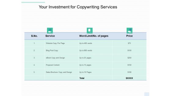 Copywriting Service Your Investment Ppt Icon Skills PDF