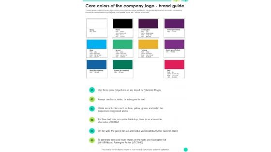 Core Colors Of The Company Logo Brand Guide One Pager Sample Example Document