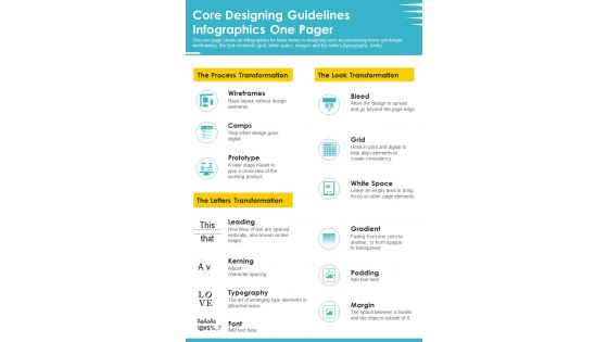 Core Designing Guidelines Infographics One Pager PDF Document PPT Template